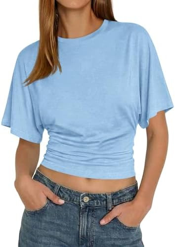 Tankaneo Womens Summer Short Sleeve Crop Tops Cinched Waisted Ruched Top Going Out T Shirts Trend... | Amazon (US)