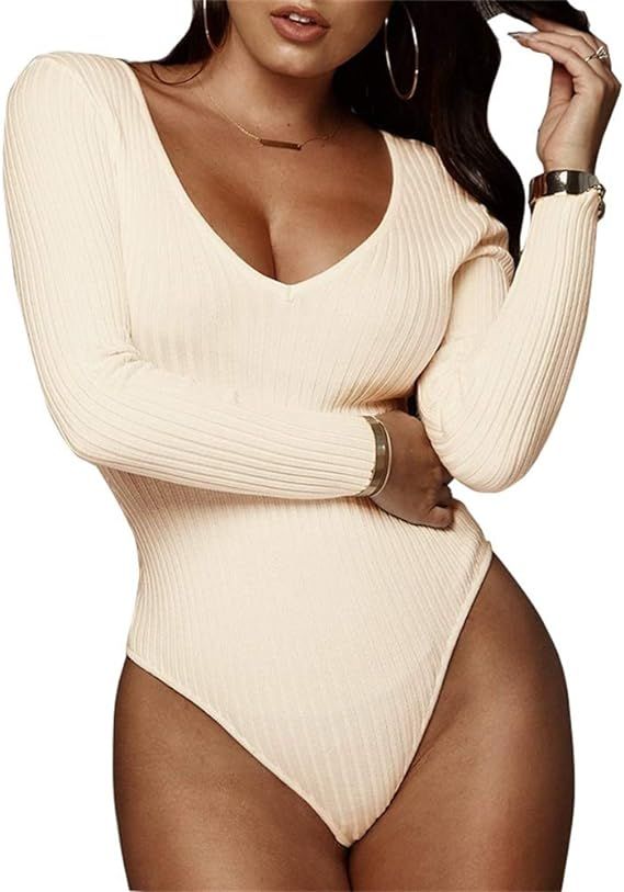 GEMBERA Women's Deep V Neck Long Sleeve Bodysuit Ribbed Knit Bodycon Basic Bodysuit Tops | Amazon (US)