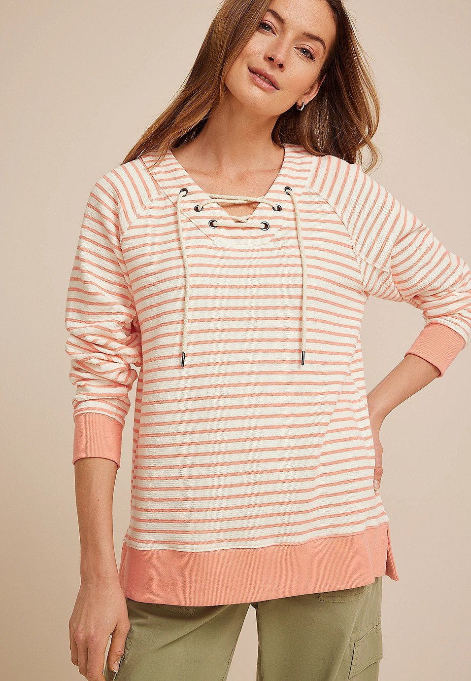 Stripe Lace Up Tunic Sweatshirt | Maurices