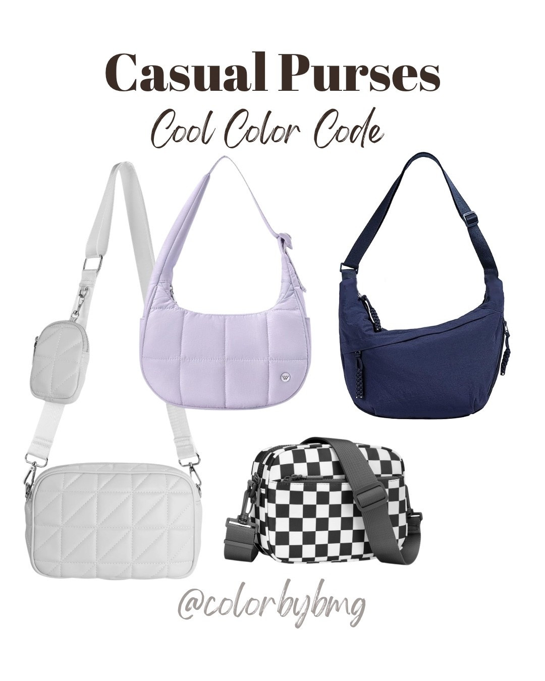 Casual Purses for Cool Color Codes

Colors:
1. White
2. Purple 
3. Black & White Check 
4. Navy

#LTKSeasonal