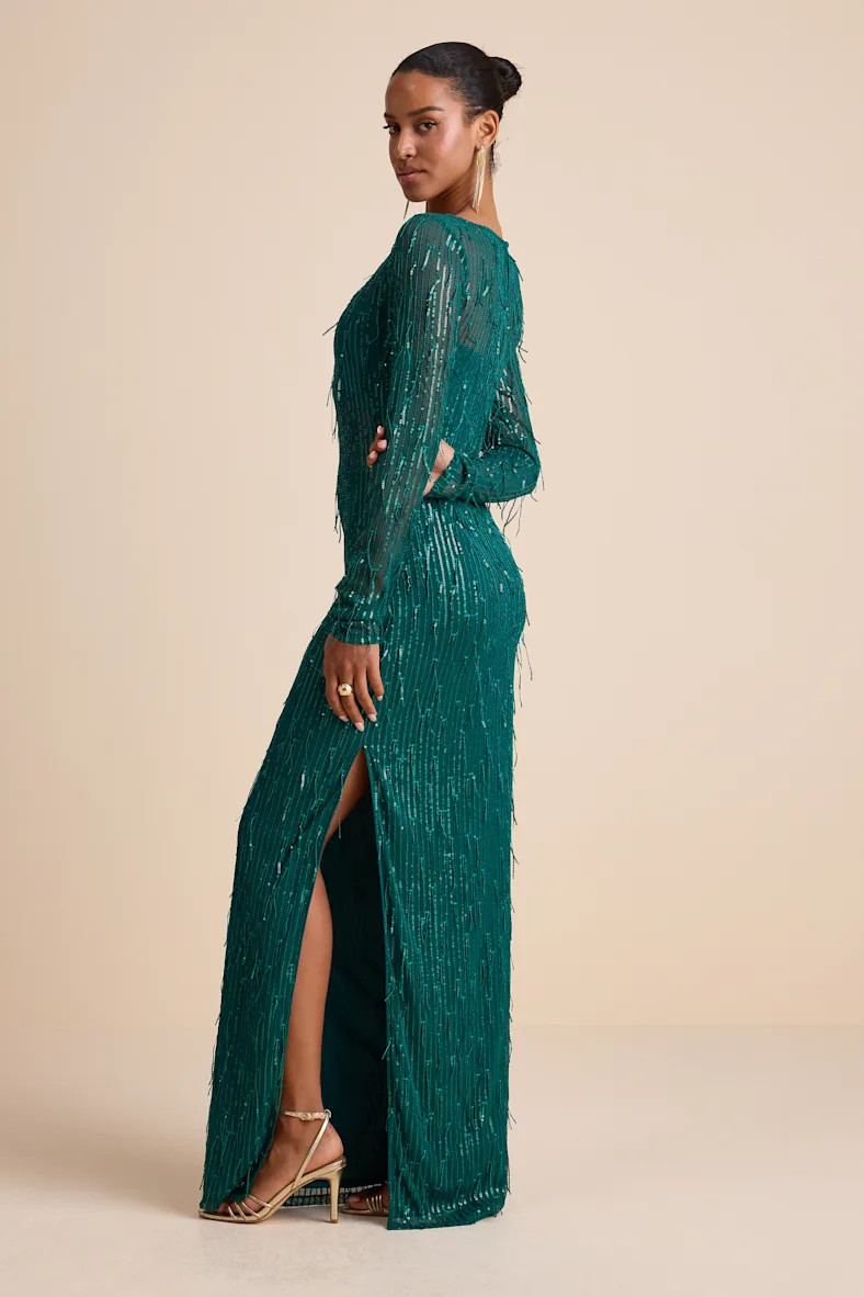 Sheer Fascination Emerald Sheer Mesh Sequin Fringe Maxi Dress | Lulus