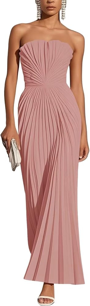Strapless Satin Spring Wedding Guest Dresses Pleated A Line Long Formal Evening Cocktail Dress fo... | Amazon (US)