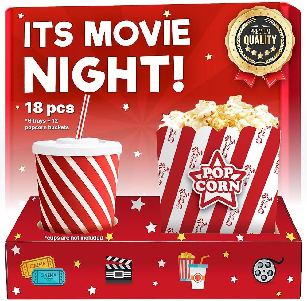 Cheshire Gifts Movie Night Supplies (18 Pcs) - Popcorn Buckets (12ct) & Movie Night Trays (6ct) -... | Amazon (US)