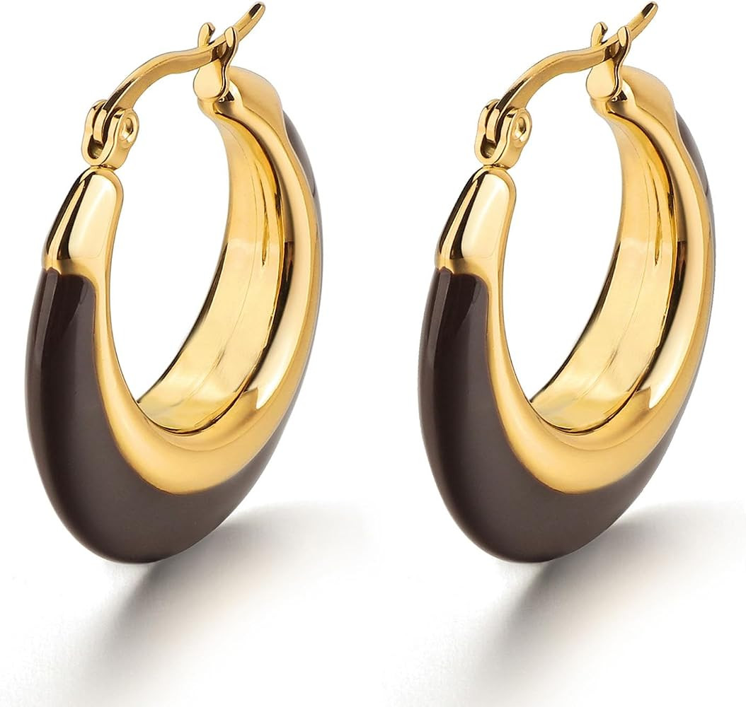 Chunky Enamel Hoop Earrings for Women 18K Gold Plated Bamboo Checkered Huggie Earrings Enamel Jew... | Amazon (US)