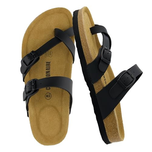 CUSHIONAIRE Luna Sandals for Women, Cork Footbed Womens Sandals for Summer Comfort with Adjustable Straps, Wide Width Available, BLACK 8.5 | Amazon (US)