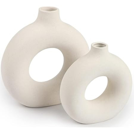 White Ceramic Vases- 2 for Modern Home Decor, Round Matte Boho Vase for Decor, Ceramic Minimalist... | Amazon (US)