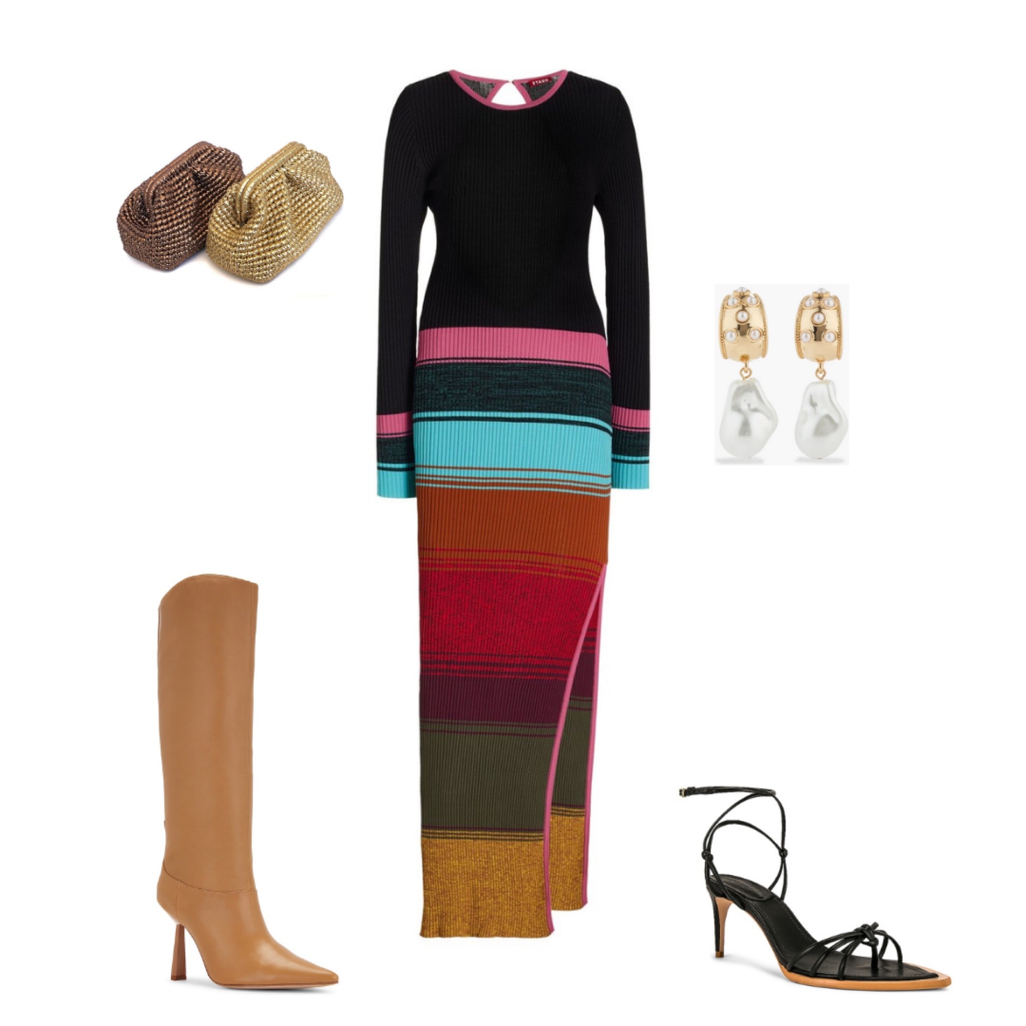 Loved this new maxi sweater dress arrival from Staud! Here is how I would accessorize it. Would also be cute dressed down with sneakers! 

Also this gold clutch is such a stunner! Would be cute worn year around  

#LTKshoecrush #LTKstyletip #LTKSeasonal