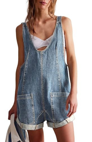 CHARTOU Women Casual Denim Short Overalls Rolled Cuff Barrel Shorts Jumpsuit Rompers (Small, Light Blue) | Amazon (US)