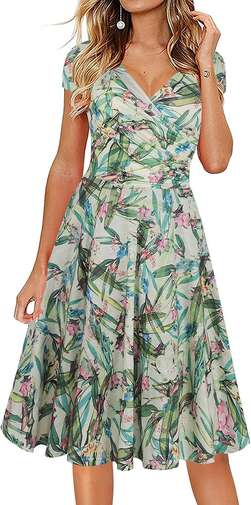 oxiuly Women's Casual Dresses Criss-Cross V-Neck Floral Flare Midi Summer Dress OX233 | Amazon (US)