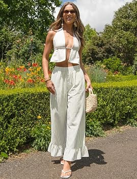 TARSE Women\u2019s Plaid Wide Leg Pants Flared Leg Baggy Drawstring Ruffle Palazzo Pants with Poc... | Amazon (US)