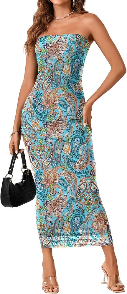 Rooscier Women's Strapless Long Dress Mesh Bodycon Summer Wedding Guest Dresses | Amazon (US)