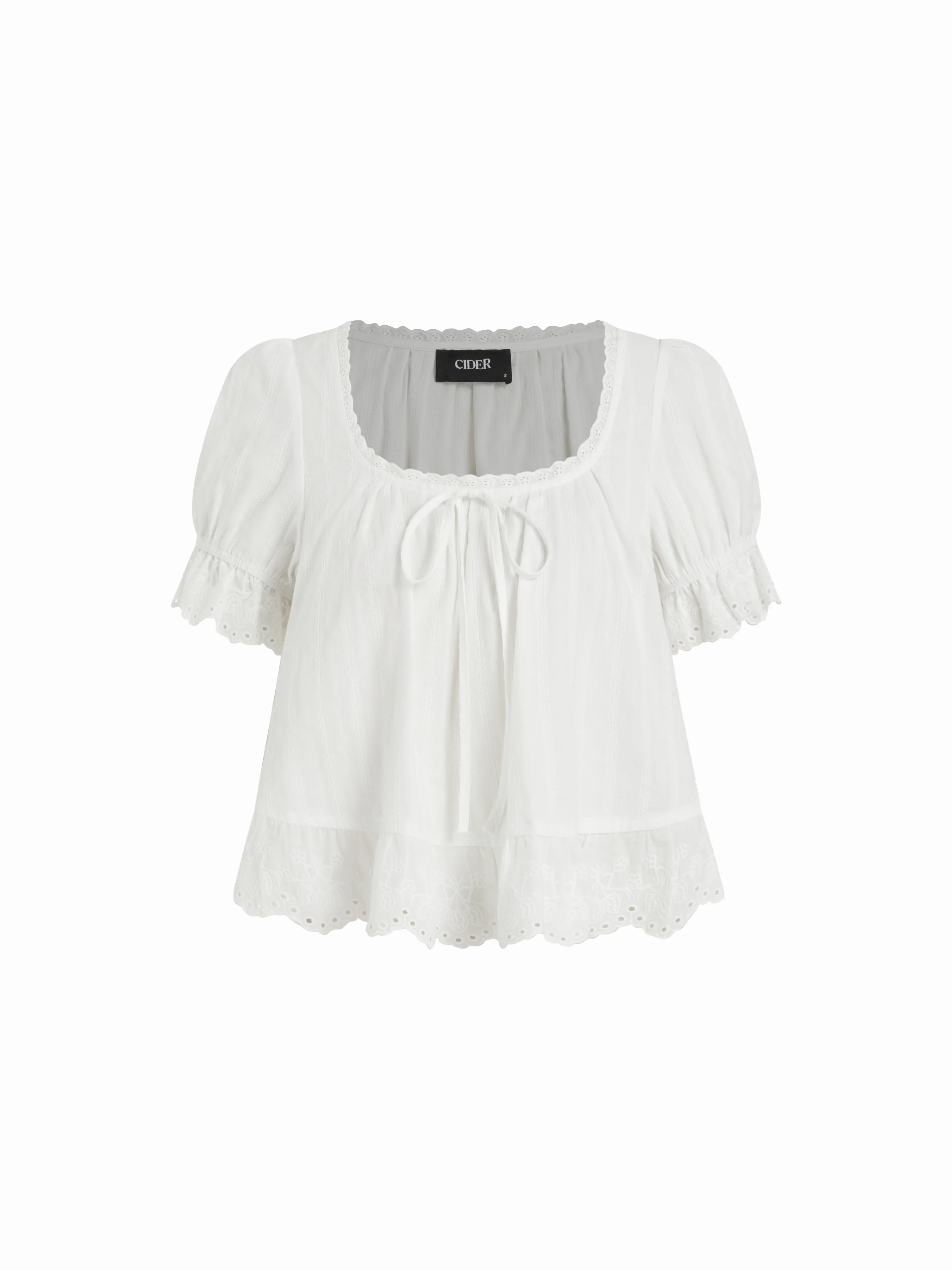 Cotton Lace Trim Knotted Short Puff Sleeve Blouse | Cider