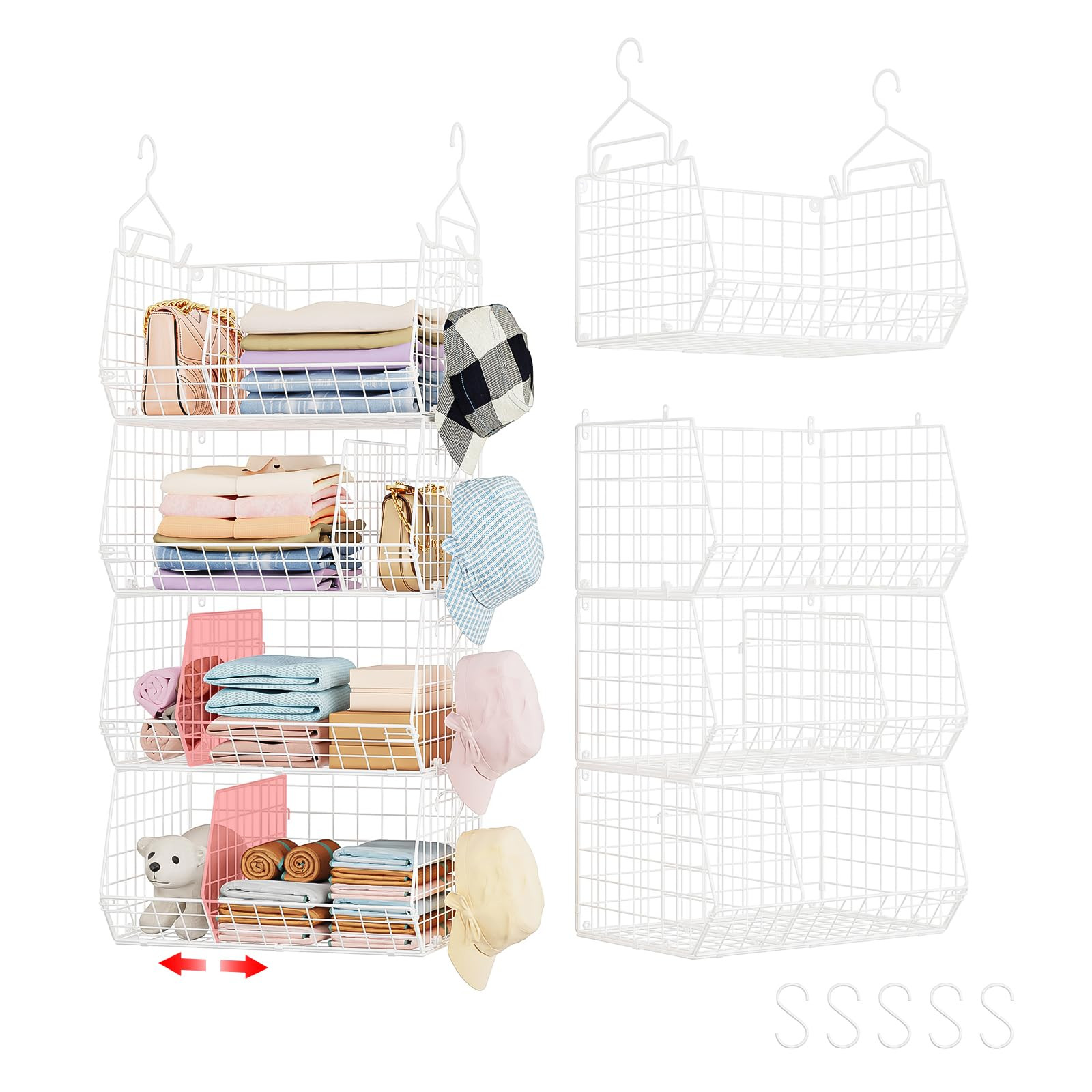 4 Tier Closet Hanging Organizer with Dividers,Extra Large Closet Storage Hanging with 5 S Hooks 4... | Amazon (US)