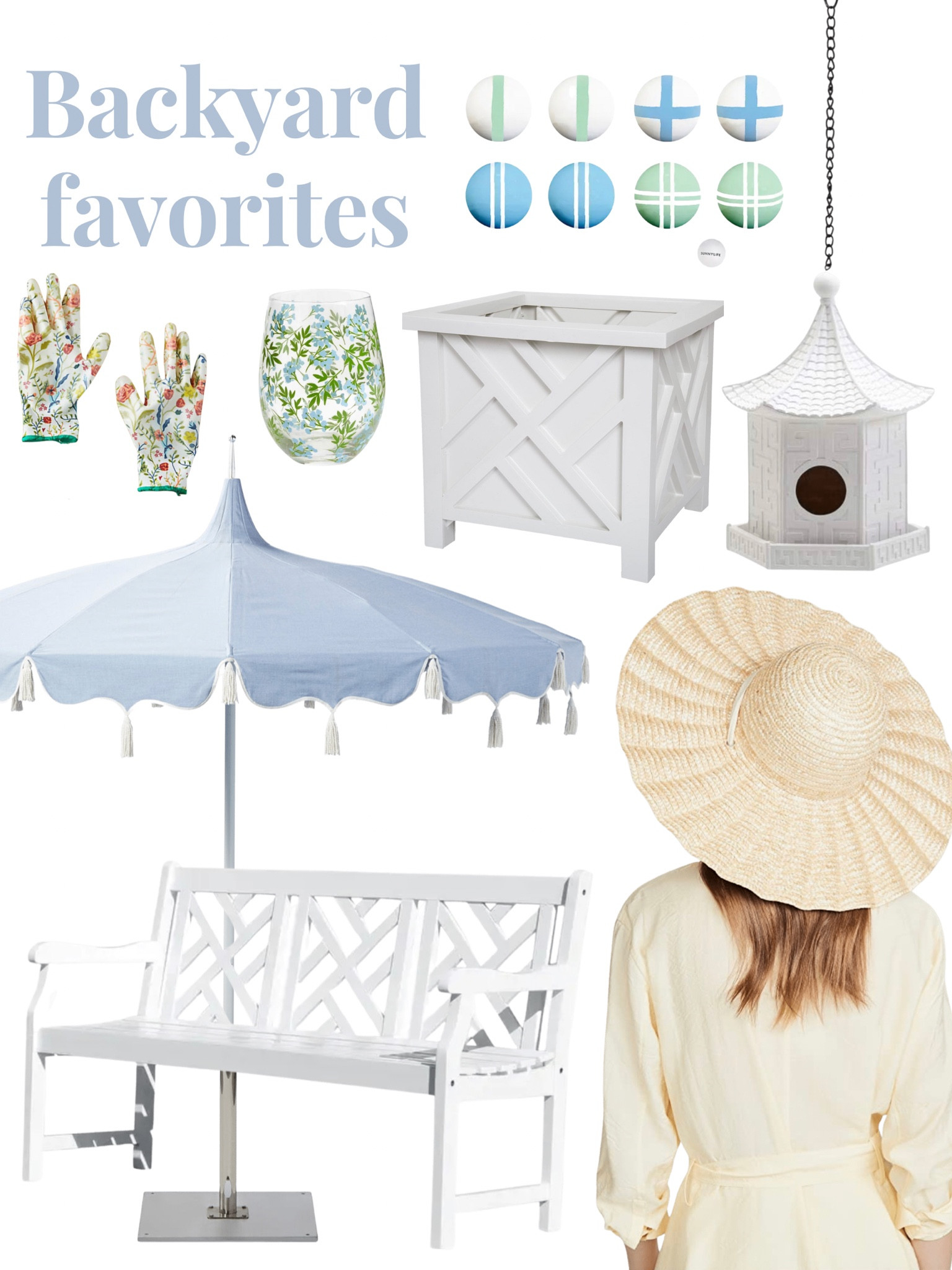 Back yard patio favorites
Grandmillennial style design 
Chippendale
Scalloped hat woven 
Birdhouse pagoda 
Umbrella outdoor 
Planter garden gloves 
Bench 
Classic Gardening patio 
Bocce ball 
Outdoor entertaining 

#LTKhome #LTKunder100 #LTKunder50