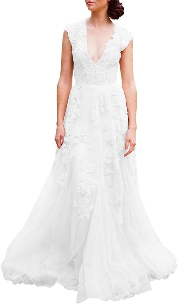 Ruolai Women’s Vintage Wedding Dress Cap Sleeves Lace Bridal Gown Beach Boho Wedding Gown | Amazon (US)