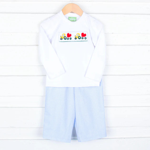 Light Blue Heart Tractor Smocked Pant Set | Classic Whimsy