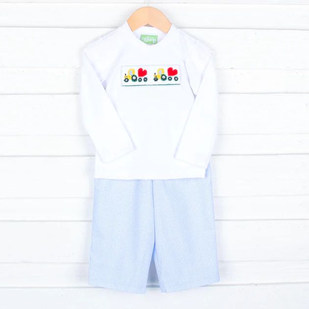 Light Blue Heart Tractor Smocked Pant Set | Classic Whimsy