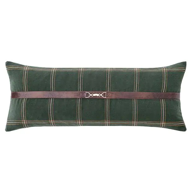Windowpane Plaid Green Lumbar Pillow with Buckle | Antique Farm House