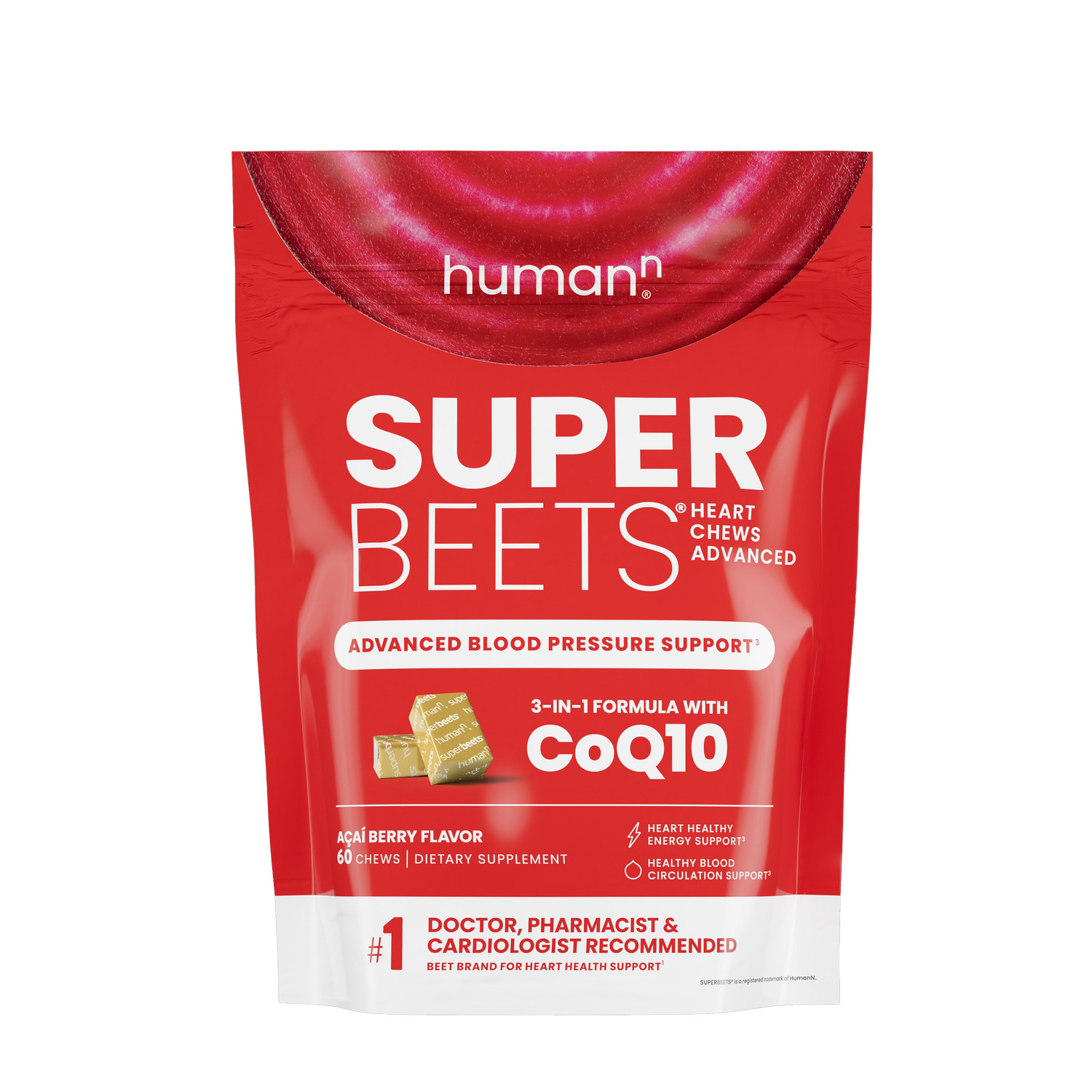 SuperBeets Advanced Heart Chews Blood Pressure Support - Acai Berry - 60 Chews (30 Servings) | GNC
