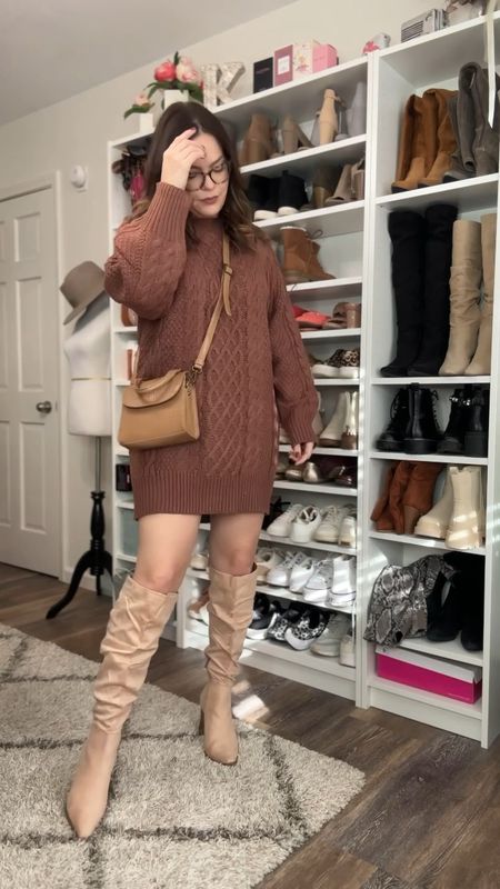 Sweater dress in large and boots in nude pink in true size  

#LTKcurves #LTKstyletip