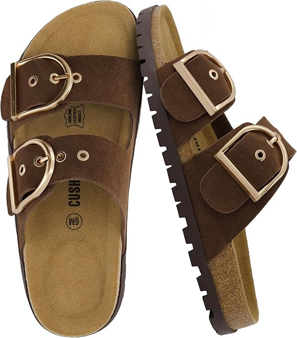 CUSHIONAIRE Brook Women’s Suede Double-Buckle Cork Footbed Slide Sandals with Memory Foam Comfo... | Amazon (US)