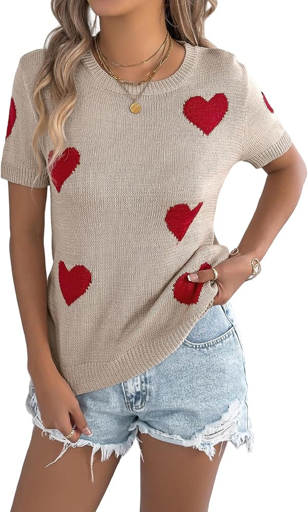 Women's Heart Pattern Knit Sweater, Short Sleeve Pullover Top, Lightweight Casual Crewneck, Black | Amazon (US)