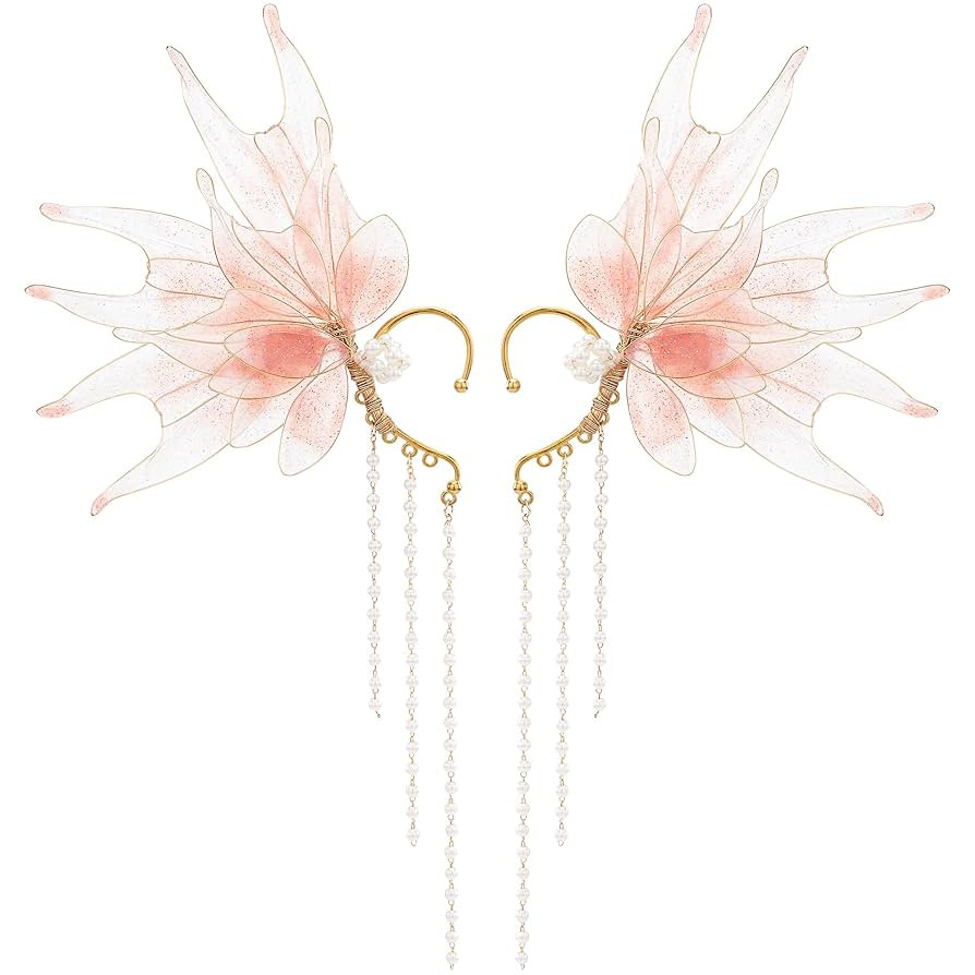 FRESHME Mermaid Elf Ear Cuffs - Fairy Earring Pink Auricular Fins Earring with Pearl Tassel Elven... | Amazon (US)
