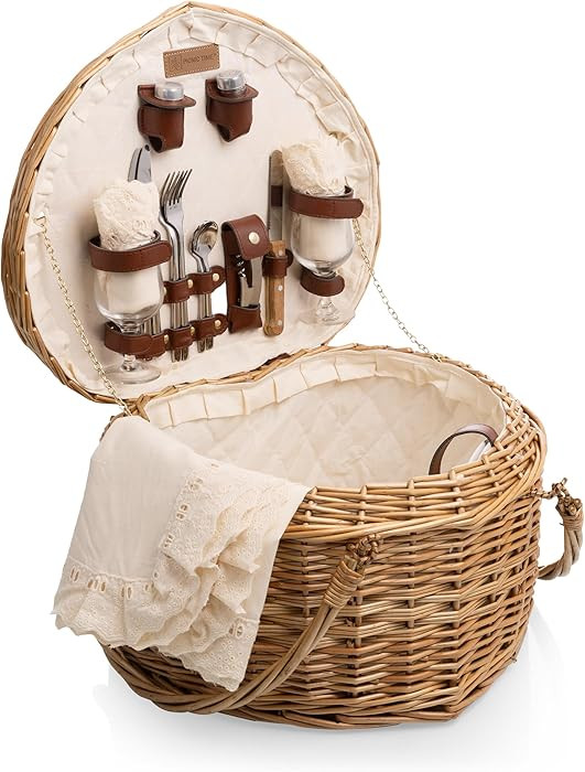PICNIC TIME Heart Picnic Basket for 2, Wicker Basket with Handle, Complete Deluxe Service for Two... | Amazon (US)