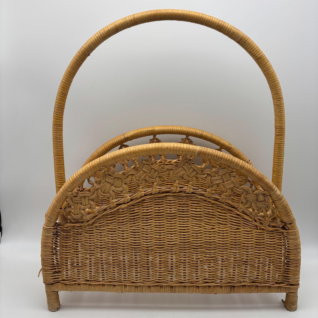 Vintage Tan Wicker Rounded Magazine Rack. Record Holder. Book Basket - Etsy | Etsy (US)