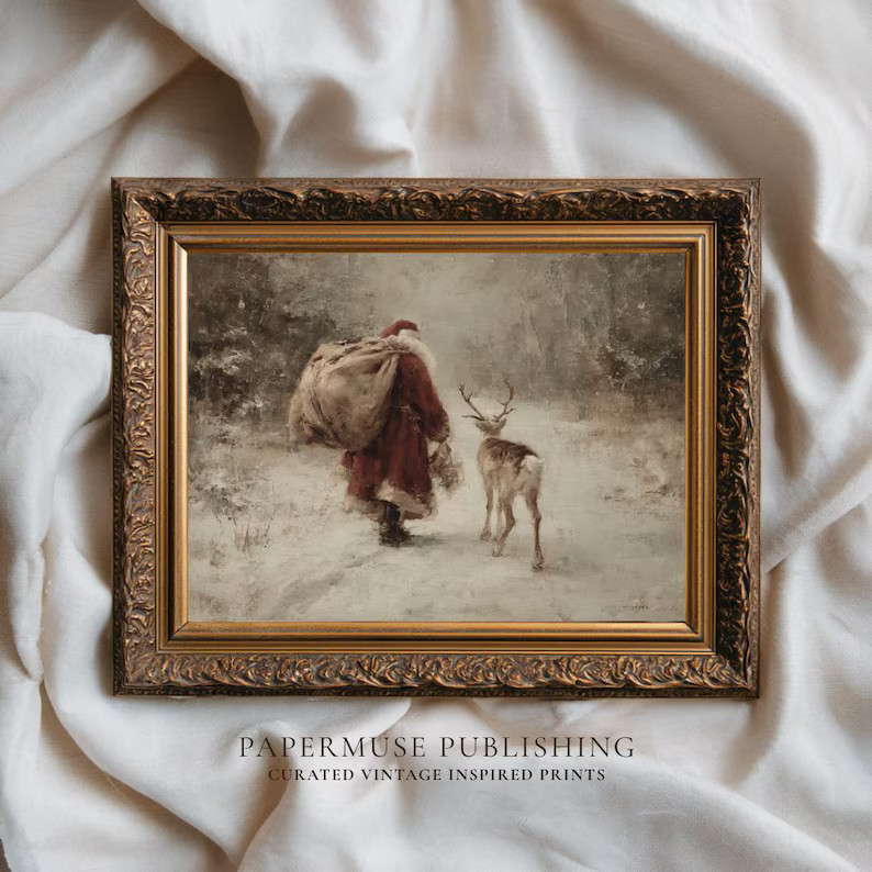 Vintage Santa Claus Print, Rustic Reindeer Wall Art, Antique Christmas Painting, Cozy Winter Scen... | Etsy (US)