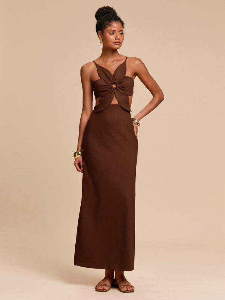 Travachic Vacation Casual Petal Backless Strap Dress, Three-Dimensional Flower, Beach Vacation Outfits, Summer Outfits For Women, Christmas Party Clothes, New Year Look, Thanksgiving Outfits, Elegant Dresses Party, Luxury Evening Dresses For Weddings, Sexy Club Outfits, Brown Wedding Guest Dress Cut Out Dress | SHEIN