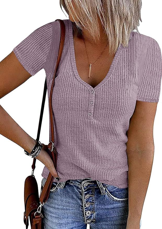 PIIRESO Women's Short Sleeve Button V Neck Ribbed Shirts Top Summer Solid Color Casual Tee | Amazon (US)