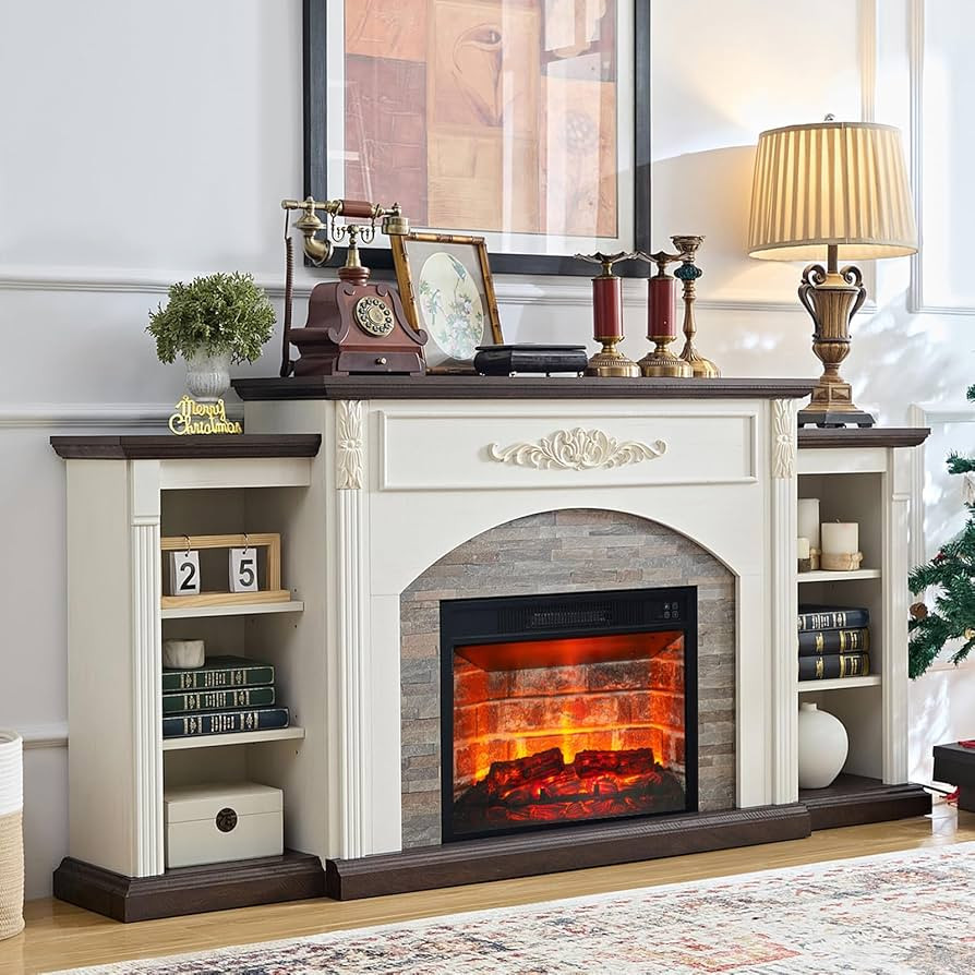 72" Electric Fireplace with Mantel, Farmhouse TV Stand for TVs Up to 80 Inch, White Entertainment... | Amazon (US)