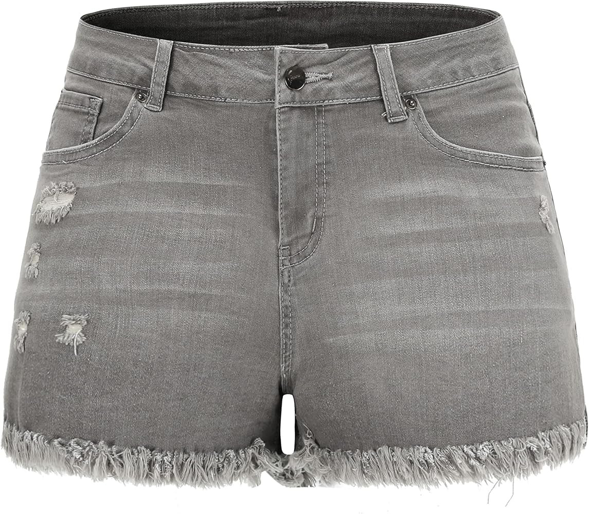 THUNDER STAR Ripped Jean Shorts for Women Mid Rise Frayed Raw Hem Stretchy Denim Shorts | Amazon (US)