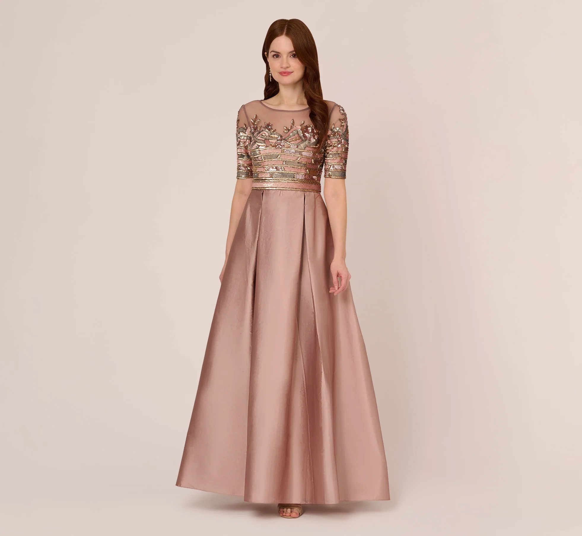 Embellished Taffeta Gown With Sheer Elbow Length Sleeves In Stone | Adrianna Papell
