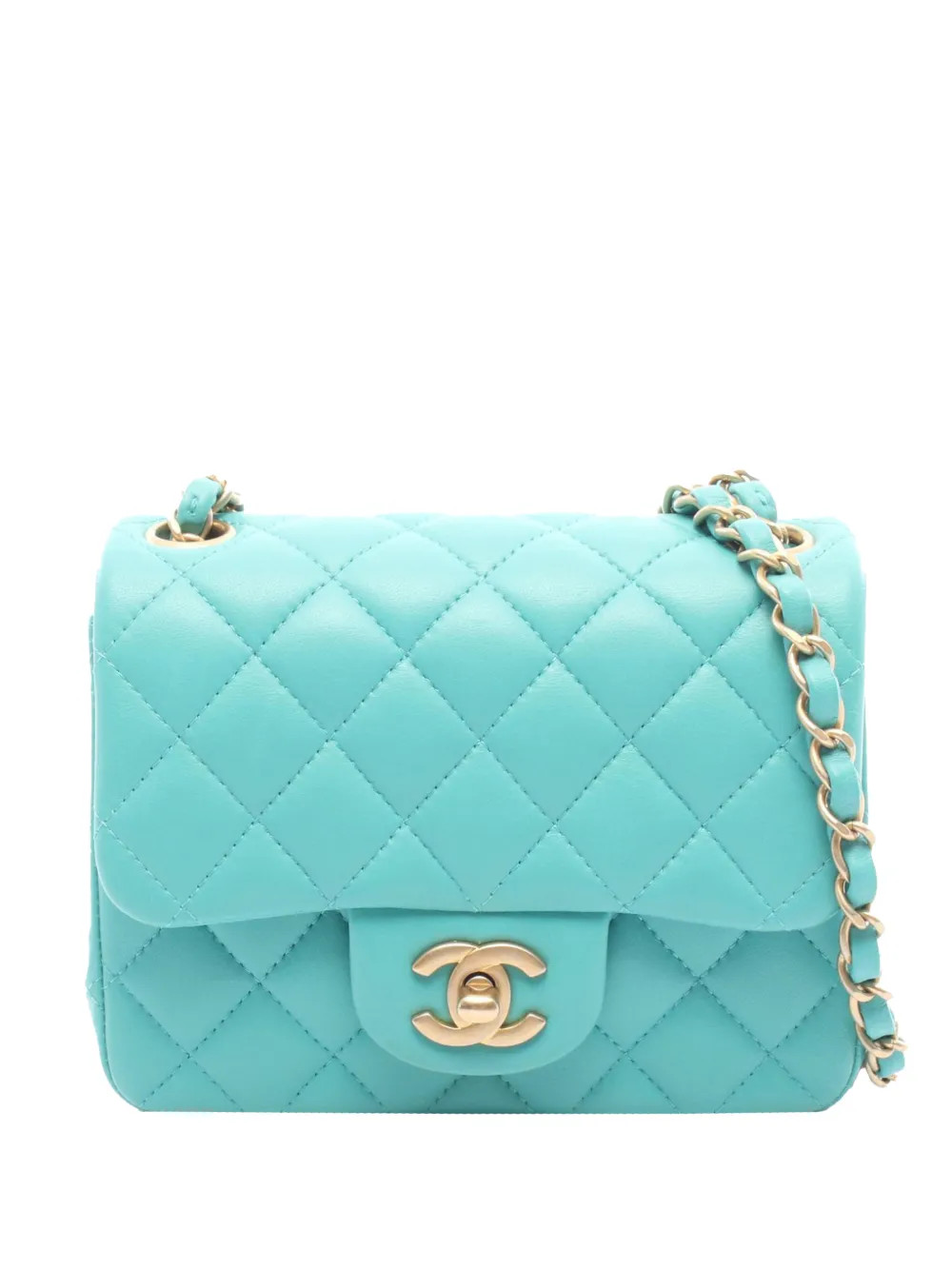 CHANEL Pre-Owned 2019 Mini Square Classic Lambskin Single Flap Crossbody Bag | Green | FARFETCH | Farfetch Global