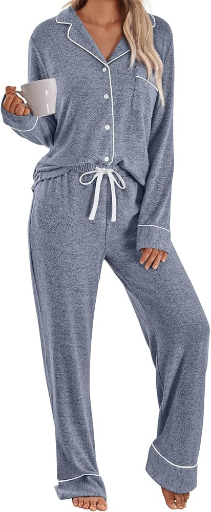 LILLUSORY Women's Long Sleeve Pajama Set - Soft Button-Down Top & Comfortable Drawstring Pants wi... | Amazon (US)