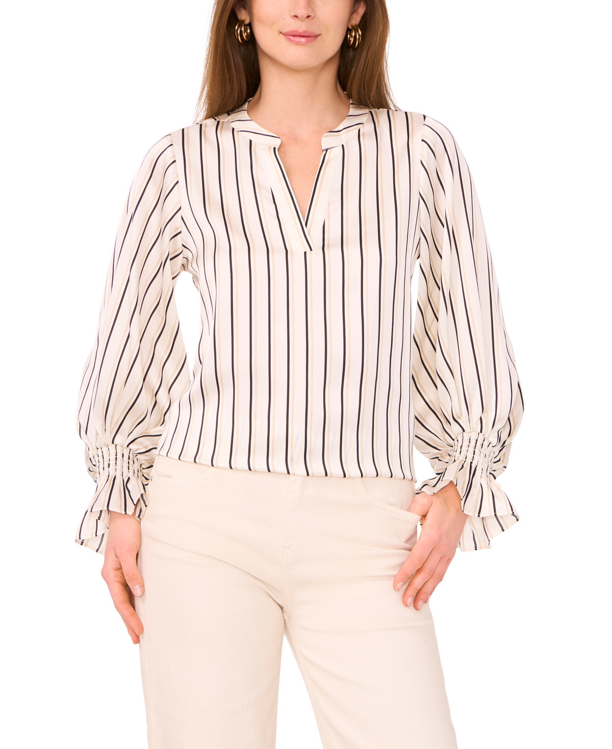 Vince Camuto Women's Split Neck Long Sleeves Top with Smocked Cuff - Natural | Macy's