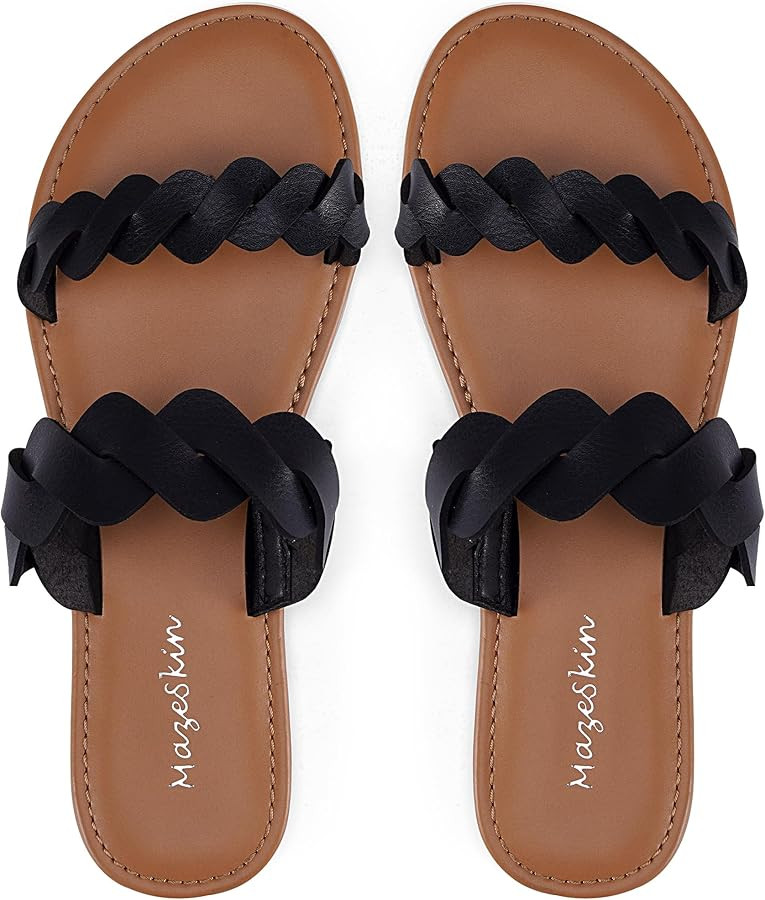 Women's Memory Foam Comfortable Flat Banded Two Braided Straps Slide Sandals | Amazon (US)