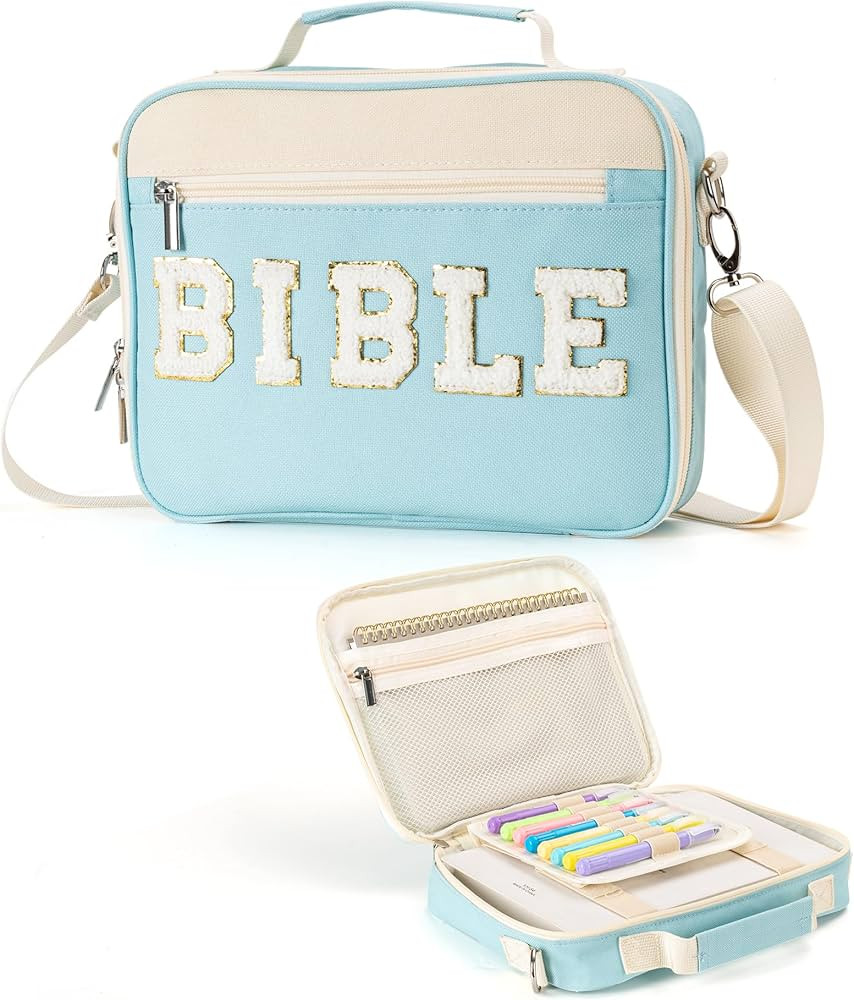 Bible Cover Case for Women, Large Chenille Letter Bible Bag with Shoulder Strap,Blue Bible Carryi... | Amazon (US)