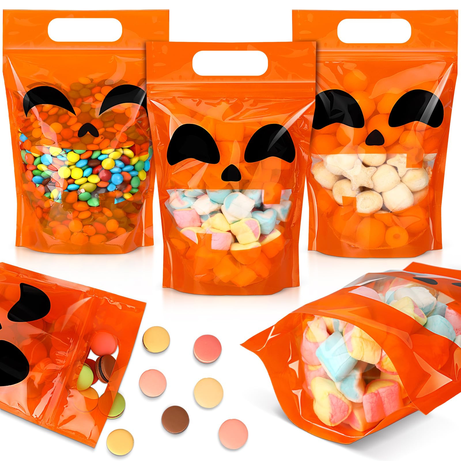 Blosssound 50 Pcs Halloween Plastic Bags Trick or Treat Sealed Bags with Handles Pumpkin Favor Po... | Amazon (US)