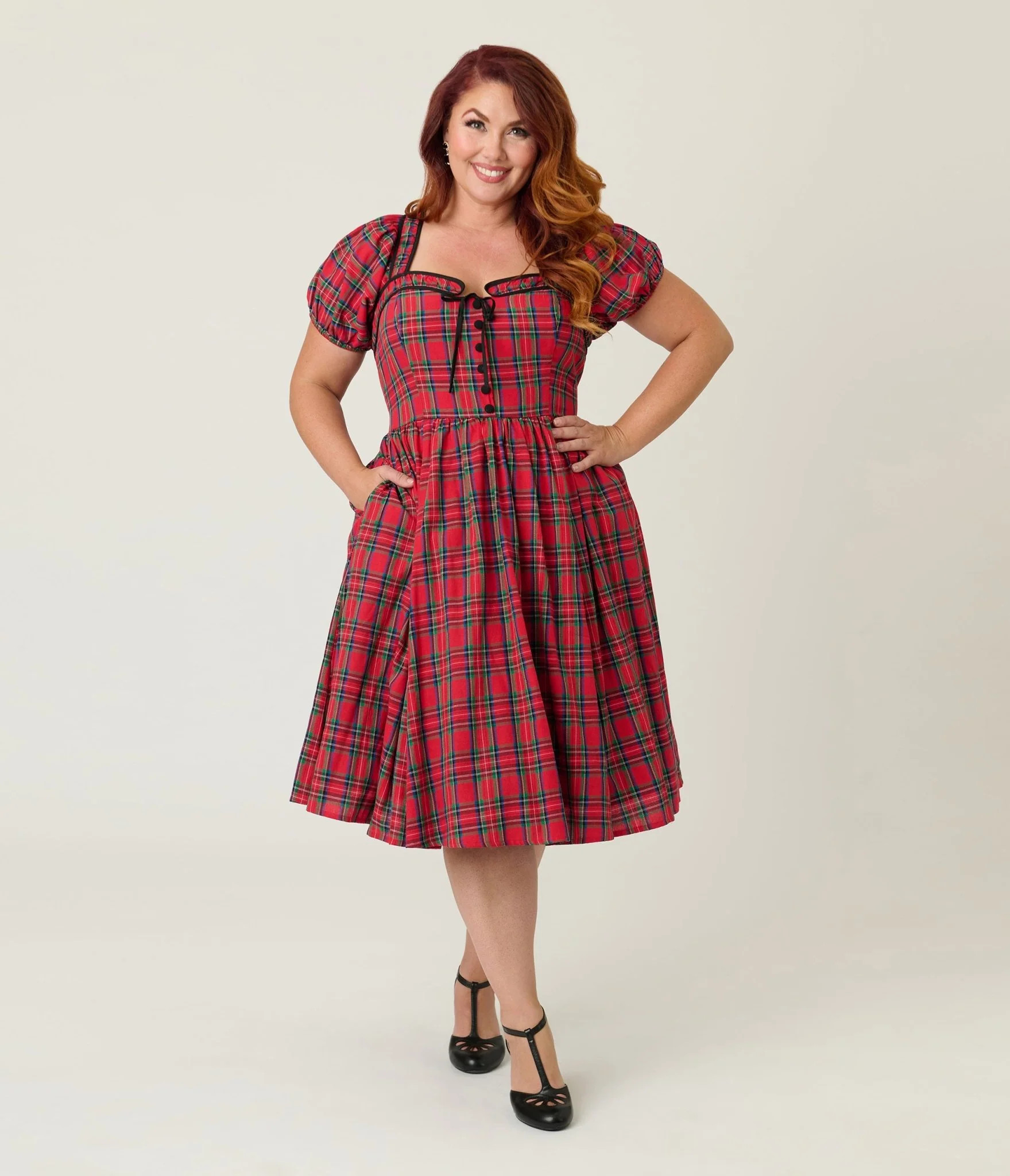 Unique Vintage Plus Size Red Plaid Button Front Swing Dress | UniqueVintage