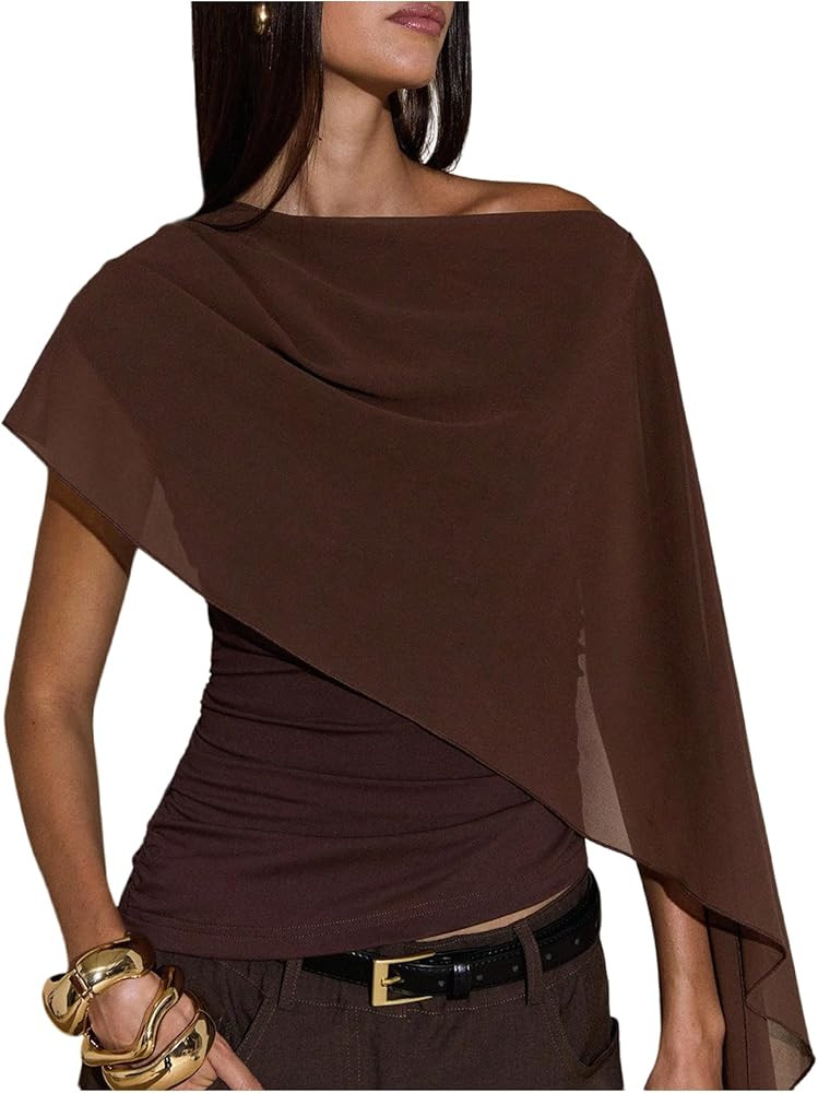 Women's Ruched Cape One Shoulder T Shirts Short Sleeve Asymmetrical Neck Fitted Crop Top | Amazon (US)