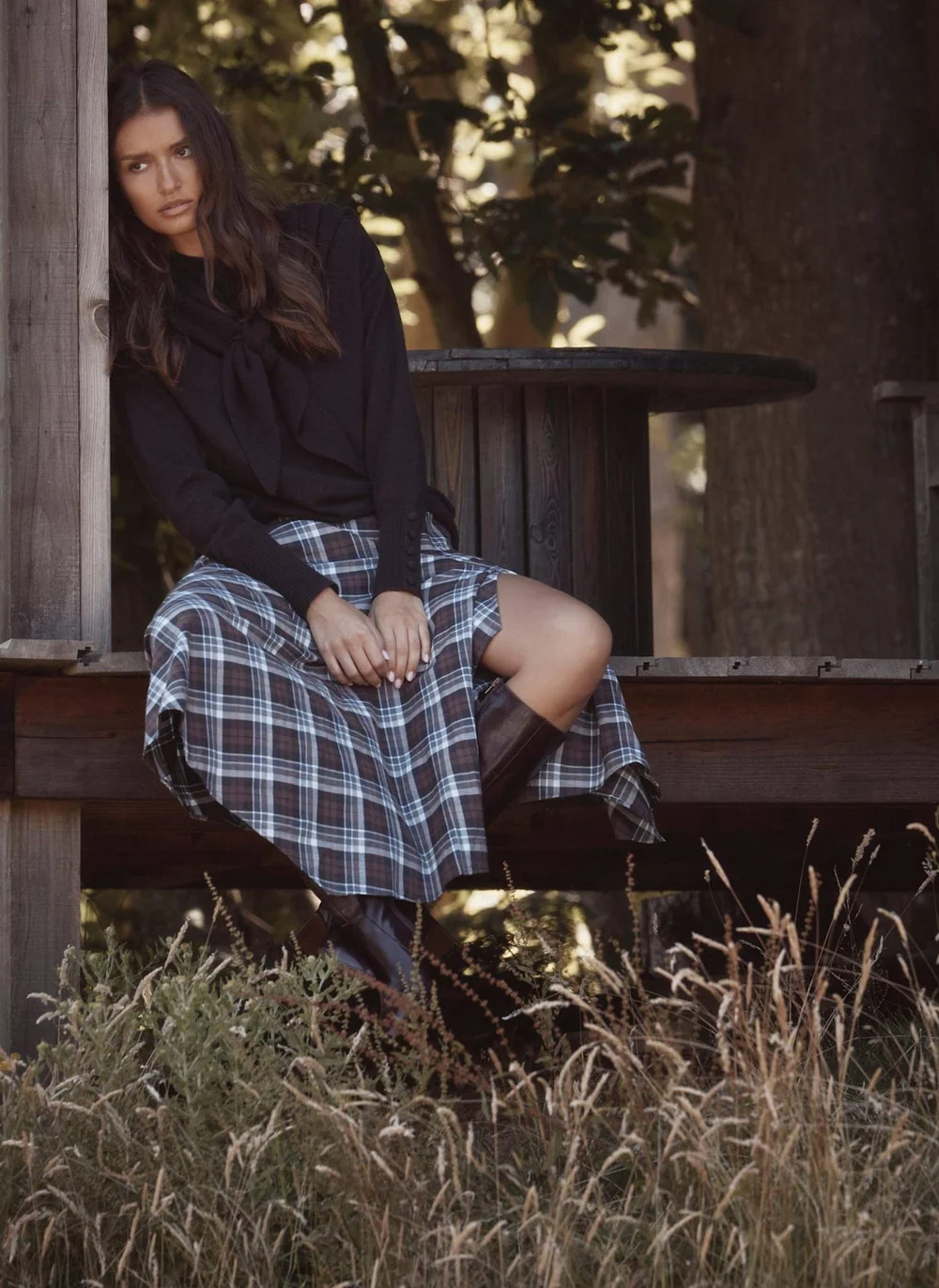 Brown Checked Hanky Hem Midi Skirt | Mint Velvet - ROW