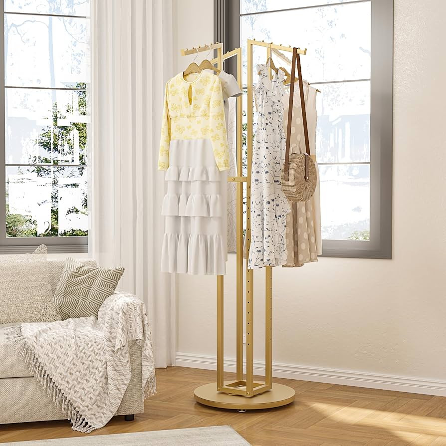 HKaikzo 360\u00b0 Gold Rotating Coat Rack, Heavy Duty Metal Garment Rack Height-adjustable, Suita... | Amazon (US)
