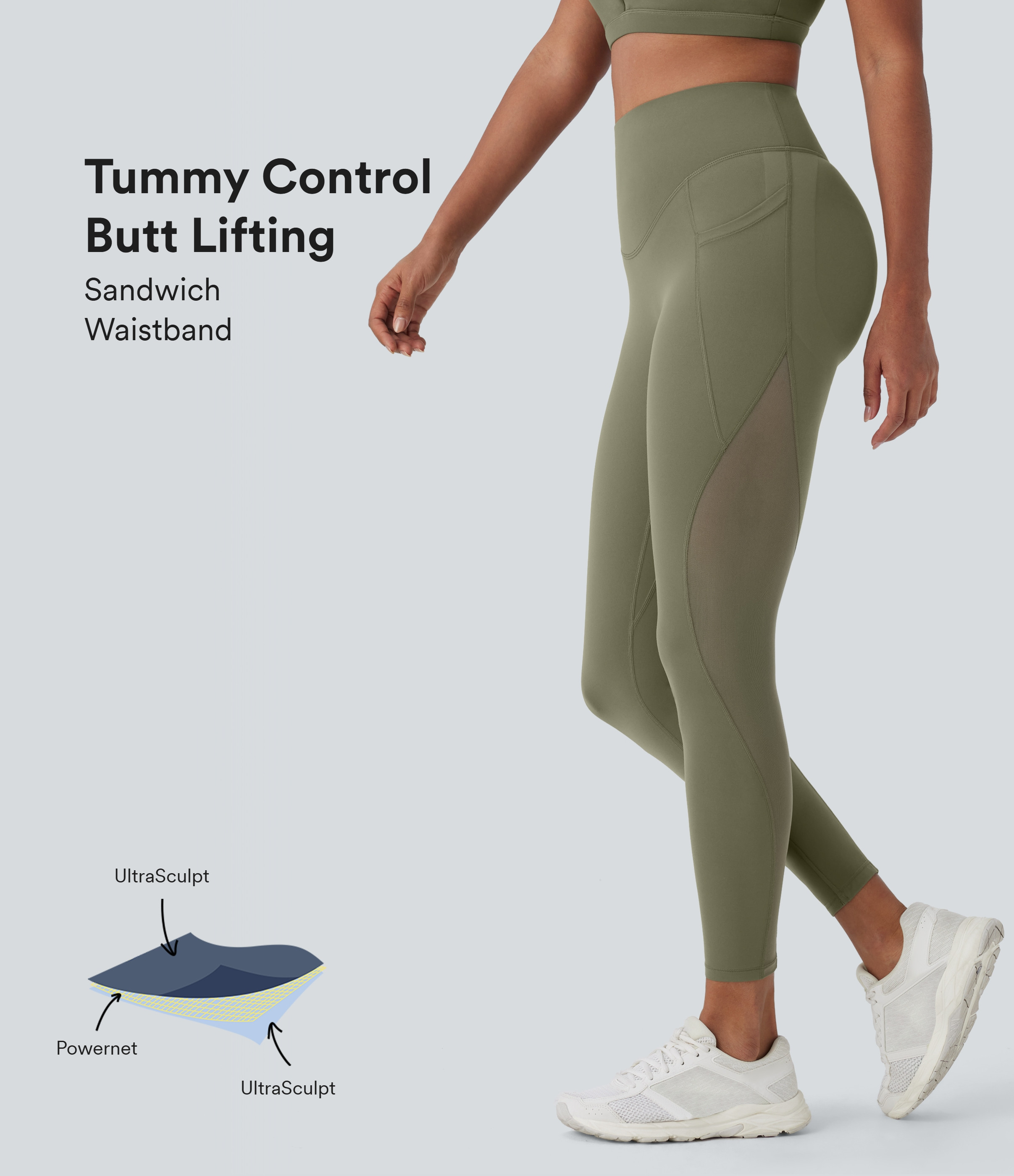 Halara Halara UltraSculpt™ SoCinched Super High Waisted Butt Lifting Tummy Control Pocket Contrast Mesh Shaping Workout Leggings - Grass Grey Green - S(7/8) | HALARA