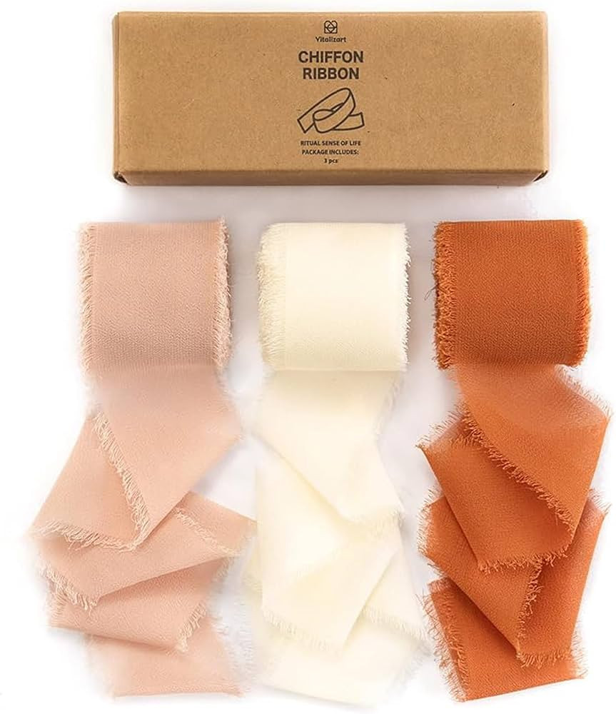 Vitalizart Fall Handmade Chiffon Silk Ribbon Fringe 1.5" x 21 Yd Terracotta Cream Frayed Edges Ri... | Amazon (US)