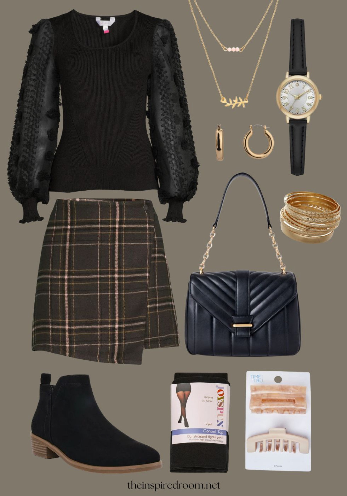 Adorable holiday party outfit all from @walmartfashion #ad - The prettiest black shirt with floral sheet sleeves and ruffle details, cozy plaid flannel faux wrap skirt (color options), black ankle boots that are really comfy memory foam, high waisted tights, gold layering necklaces, claw clips, watch, gold hoop earrings and bracelets. See these looks on the blog today theinspiredroom.net

#LTKSeasonal #LTKstyletip #LTKHoliday