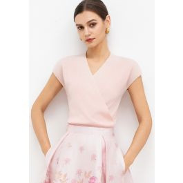Softness Faux Wrap Cap Sleeves Knit Top in Pink for Workdays & Dinner Dates | Chicwish
