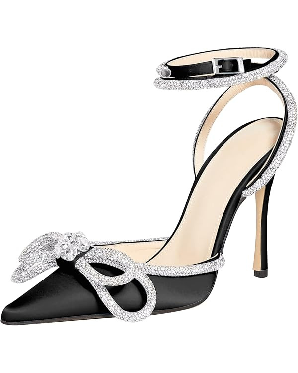MIRAAZZURRA Women High Heeled Sandals Satin Sparkly Rhinestone Double Bow Sandals Pointy Toe Stil... | Amazon (US)